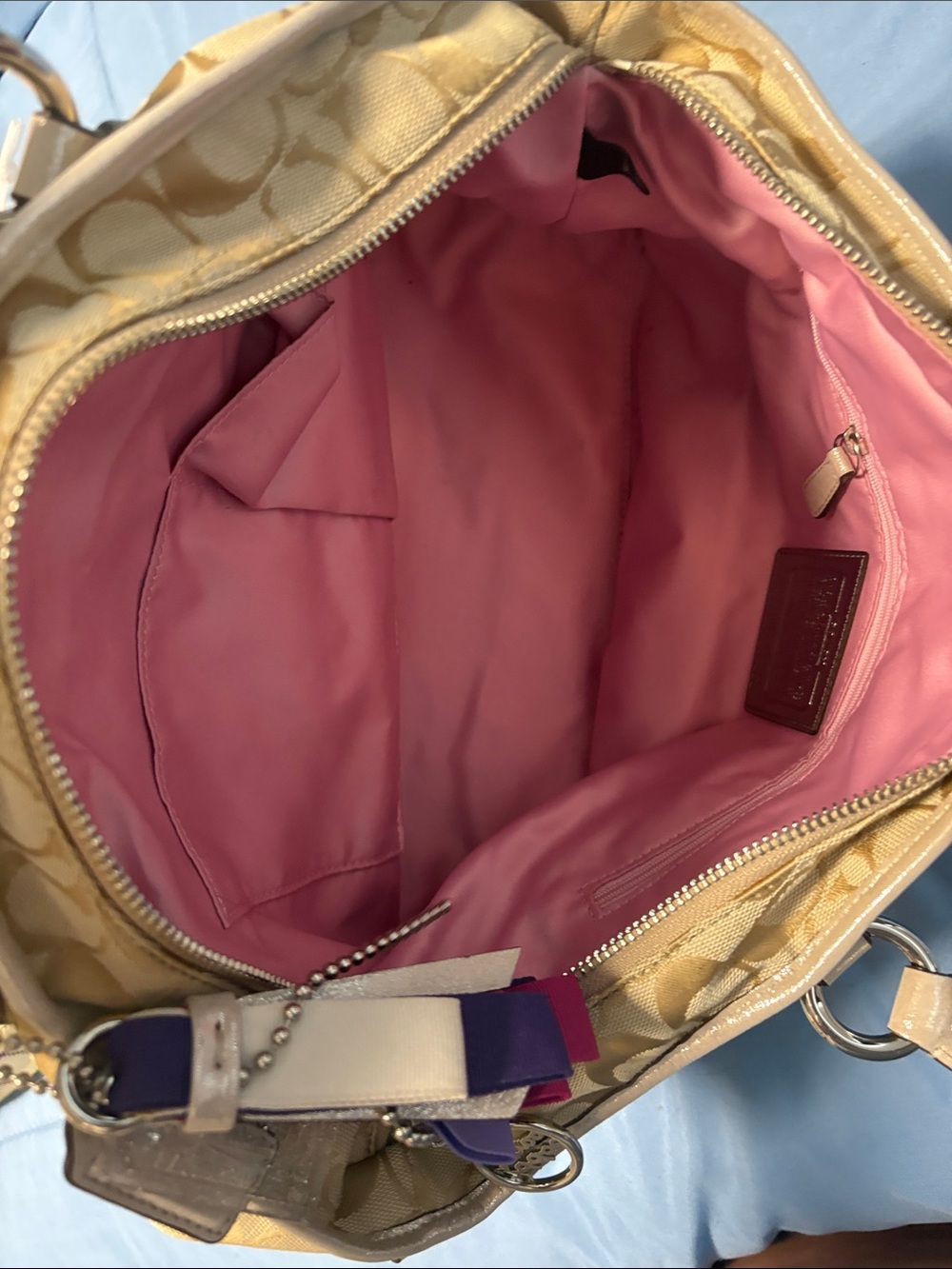 Coach Beige Signature Floral Pop Satchel with Pink & Purple Trim - Picture 4 of 6